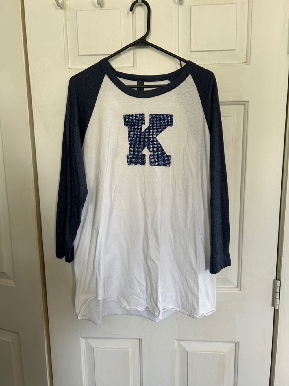 Tultex Navy and White Raglan Top with Sparkle 'K'